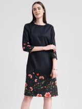 Round Neck Floral Print Shift Dress - Black And Green