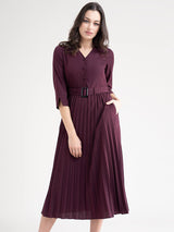 Collared A Line Pleated Dress - Maroon| Formal Dresses