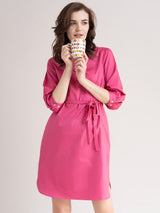 Cotton V Neck Dress- Pink