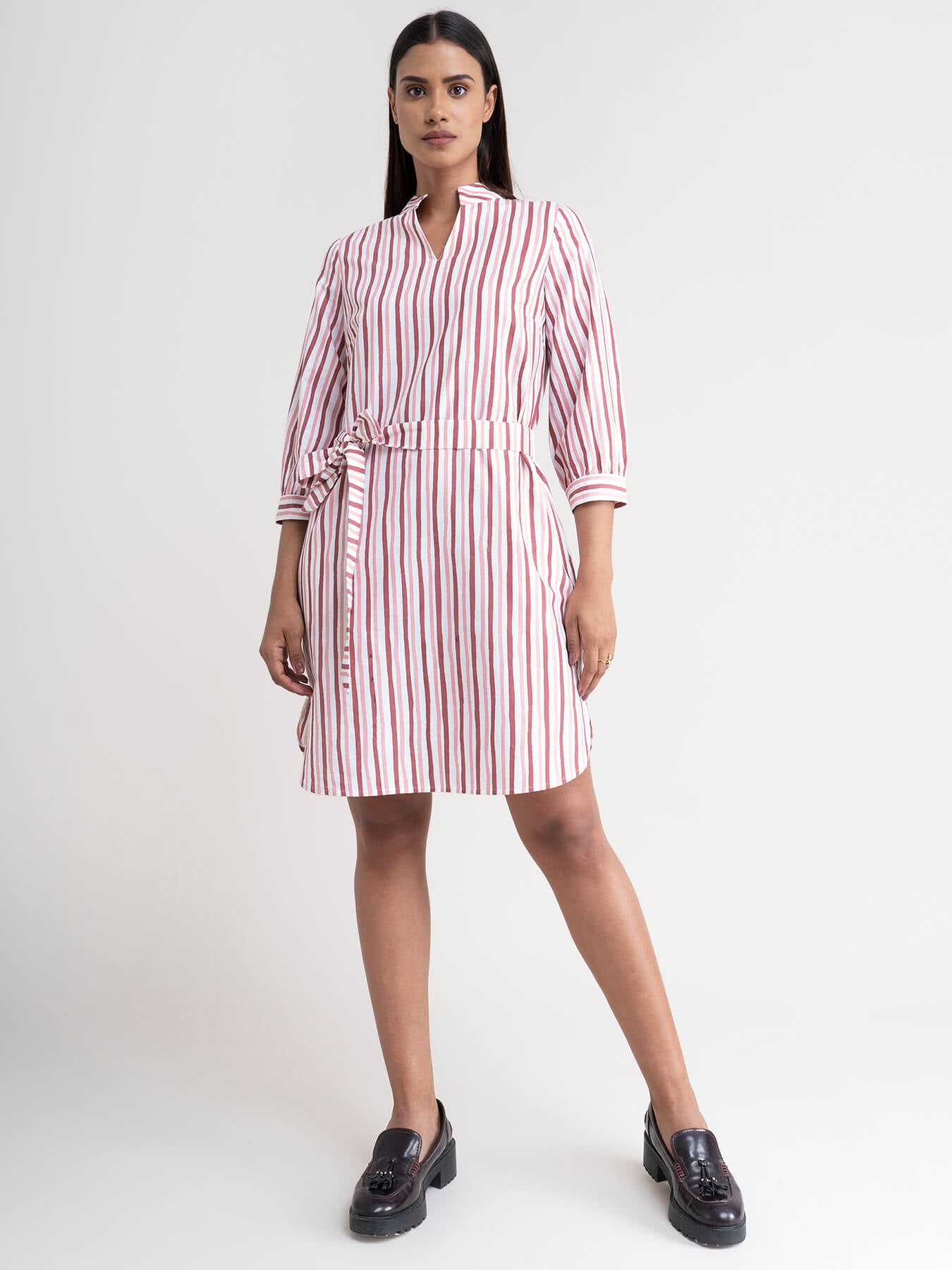 Linen Striped Shift Dress - Pink