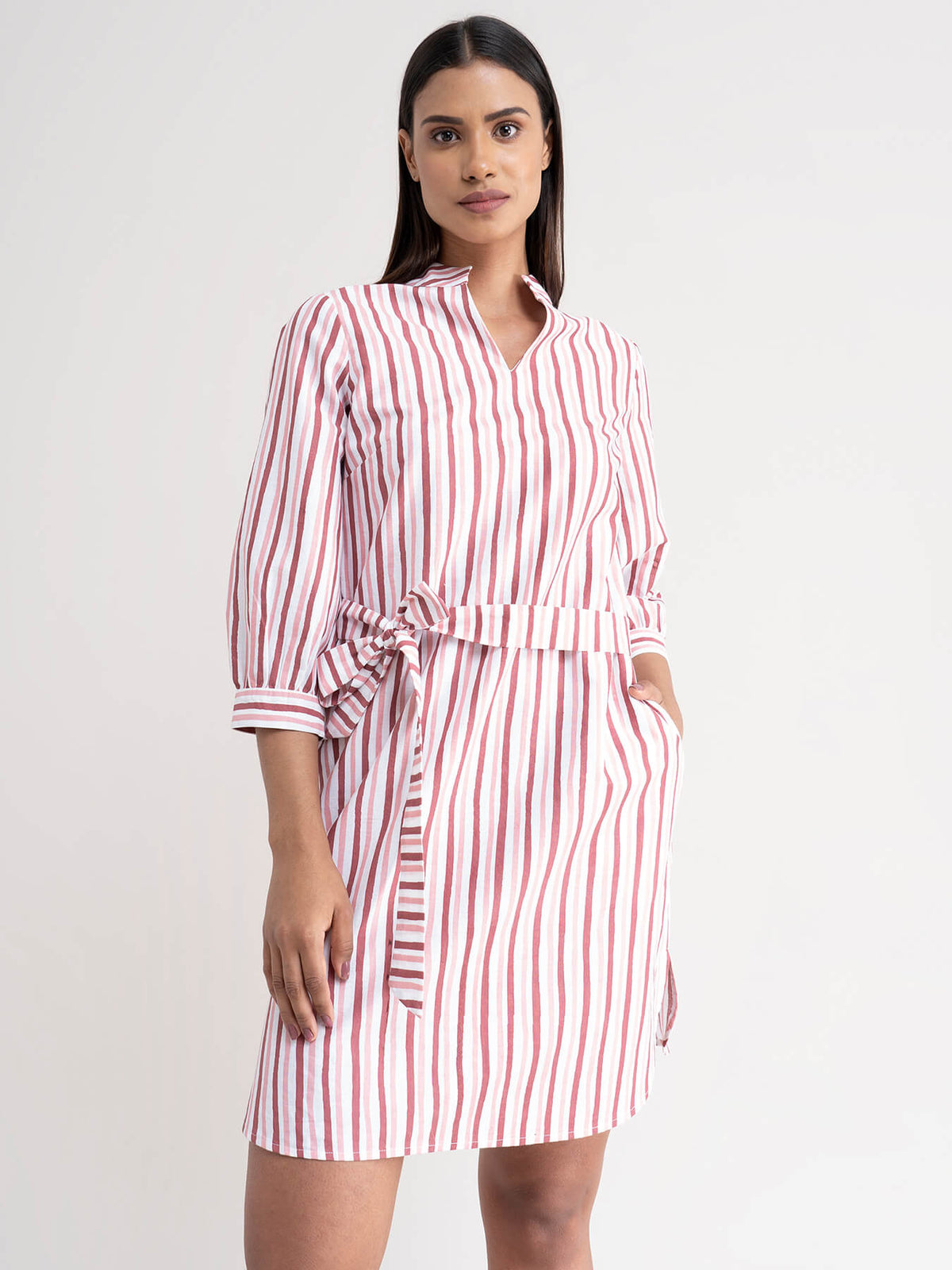 Linen Striped Shift Dress - Pink