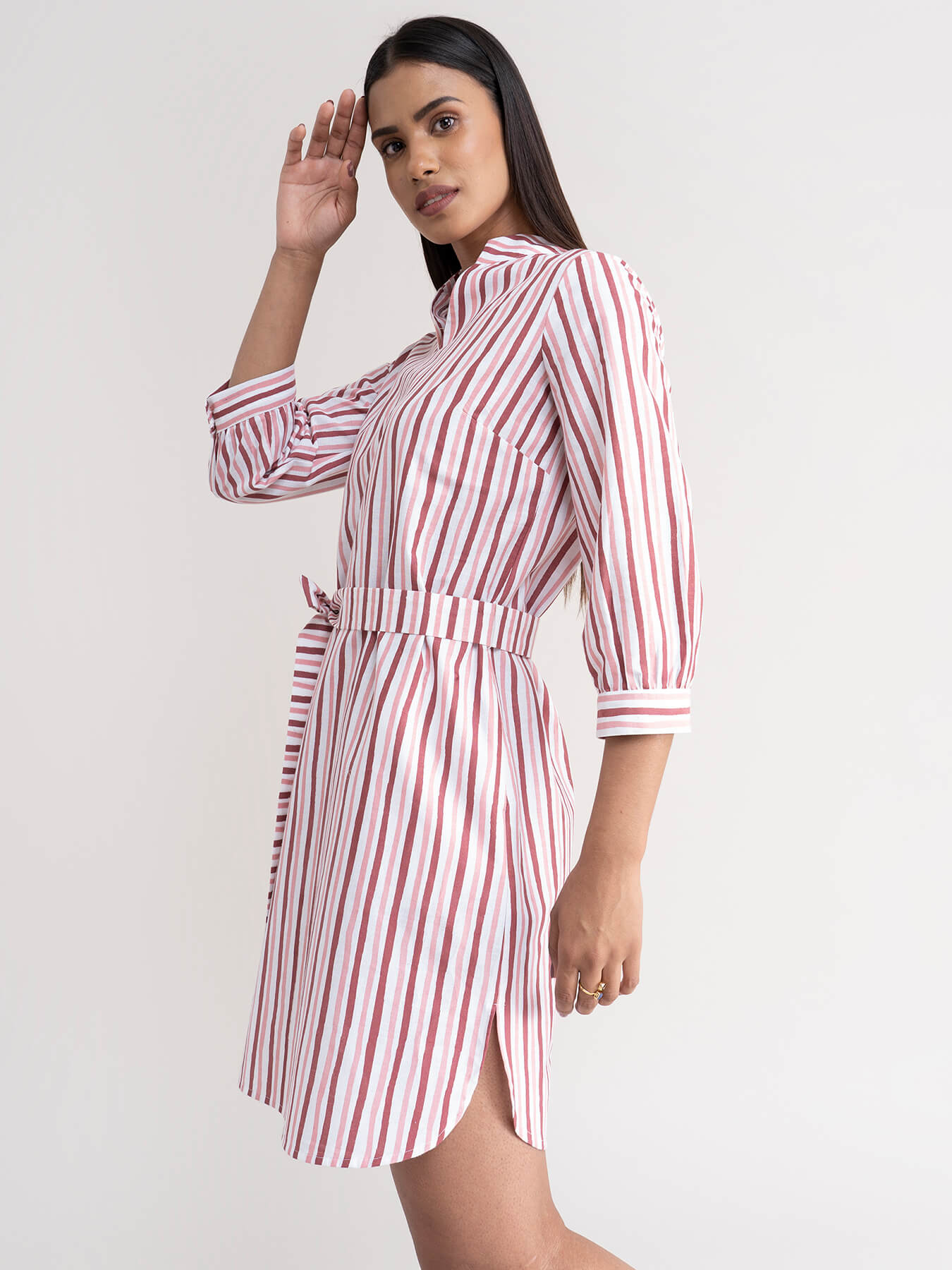 Linen Striped Shift Dress - Pink