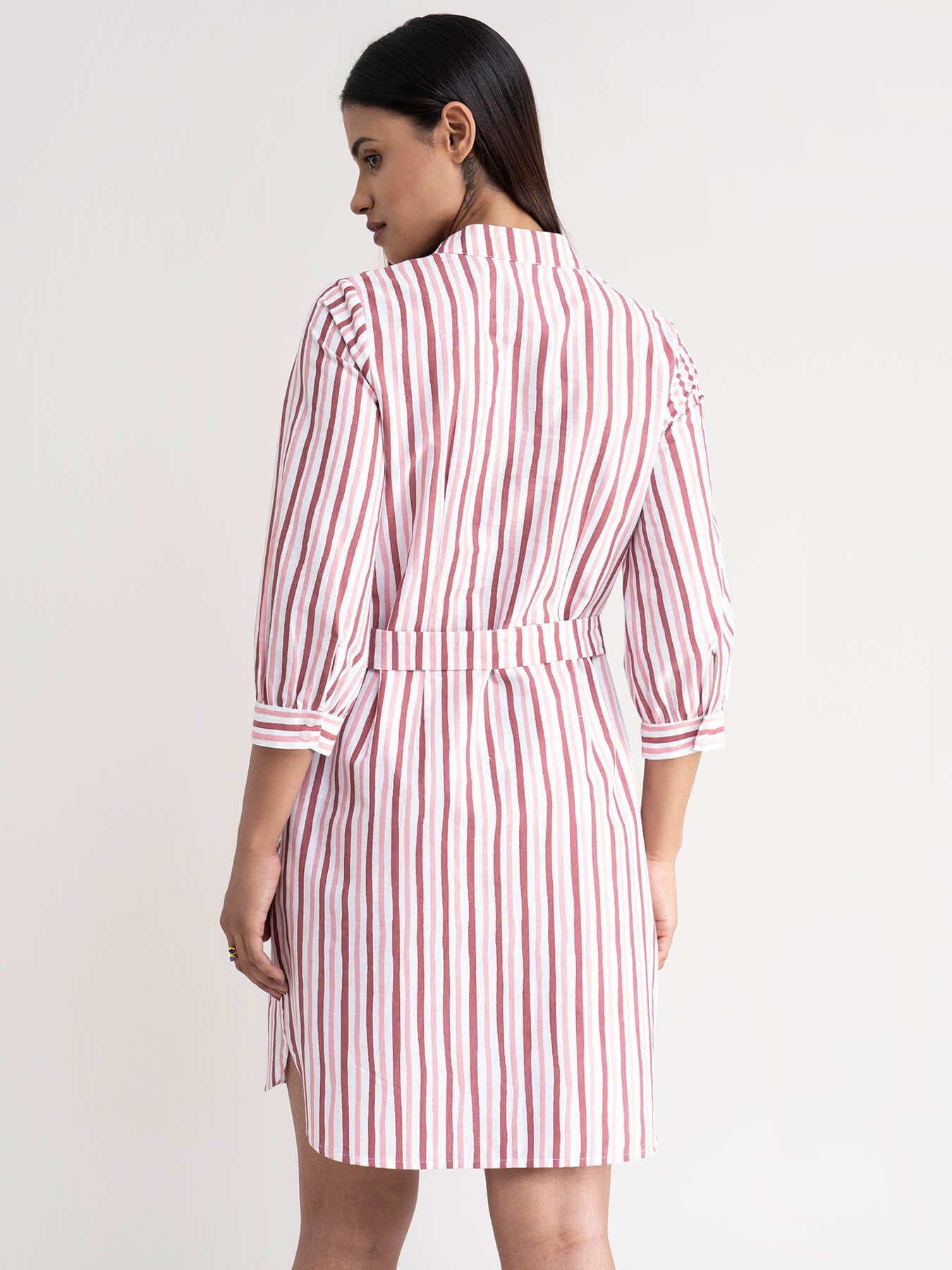 Linen Striped Shift Dress - Pink