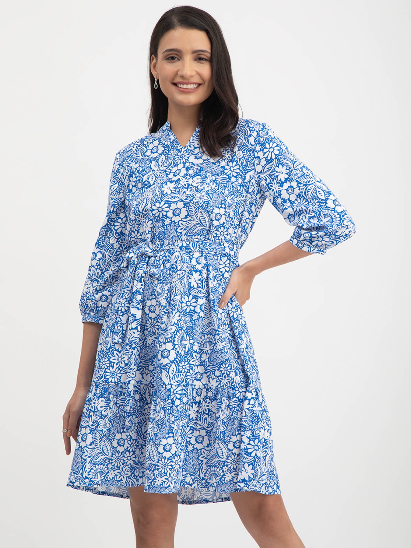 Floral Print Tier Dress - Blue And White