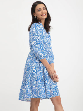 Floral Print Tier Dress - Blue And White