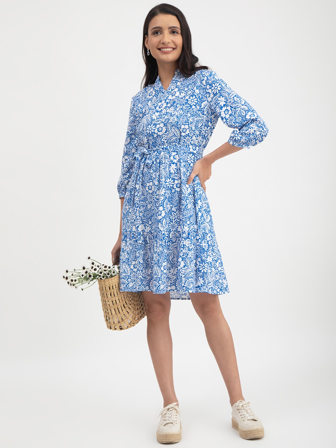 Floral Print Tier Dress - Blue And White