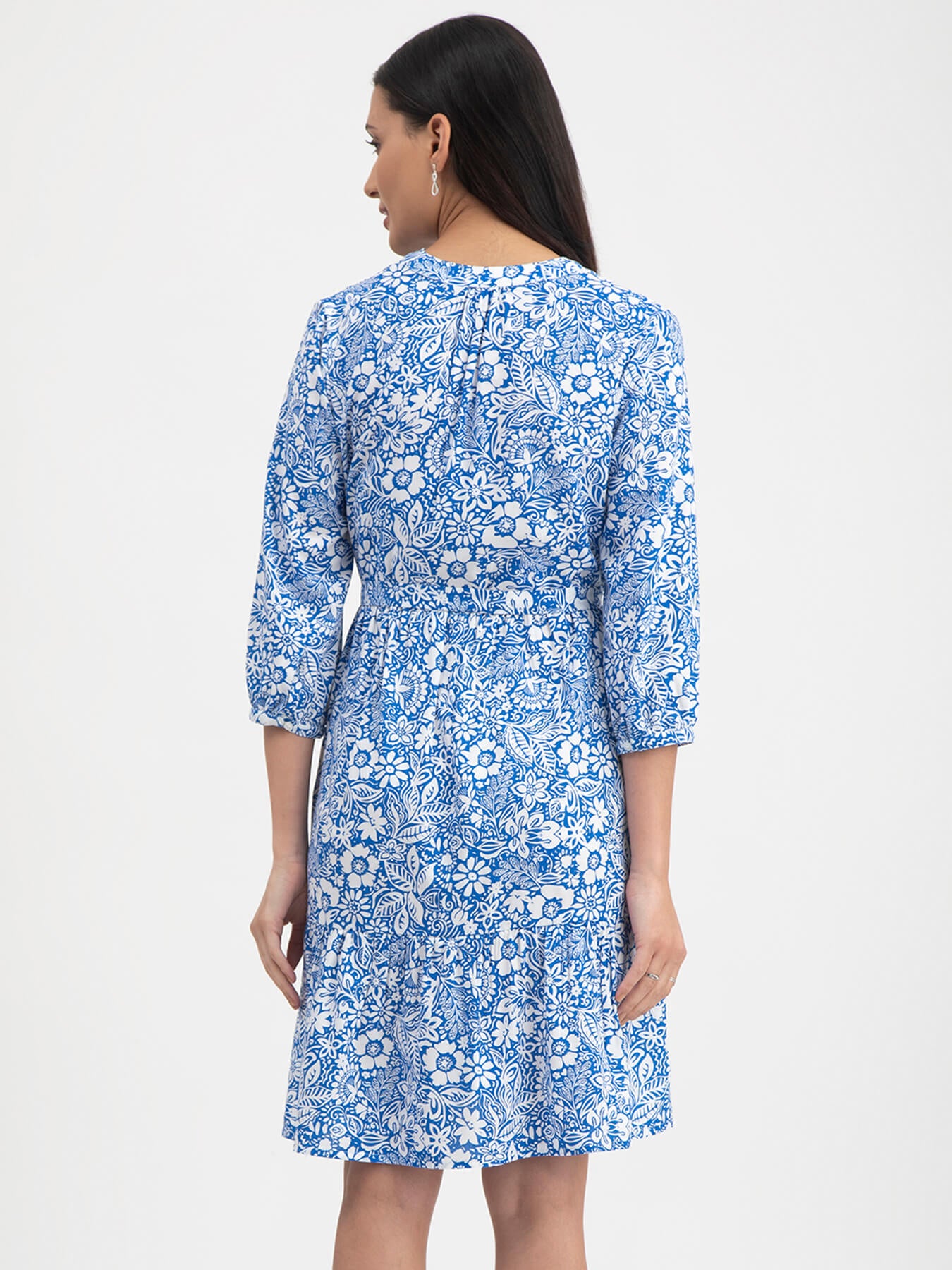 Floral Print Tier Dress - Blue And White