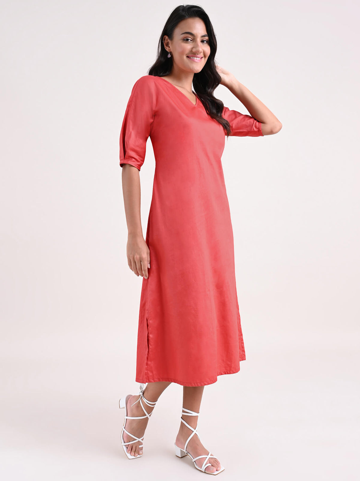 Cotton A Line Dress - Coral Red