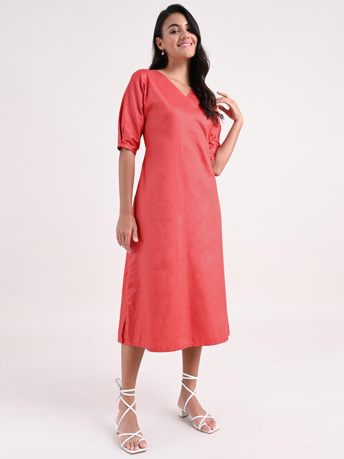 Cotton A Line Dress - Coral Red