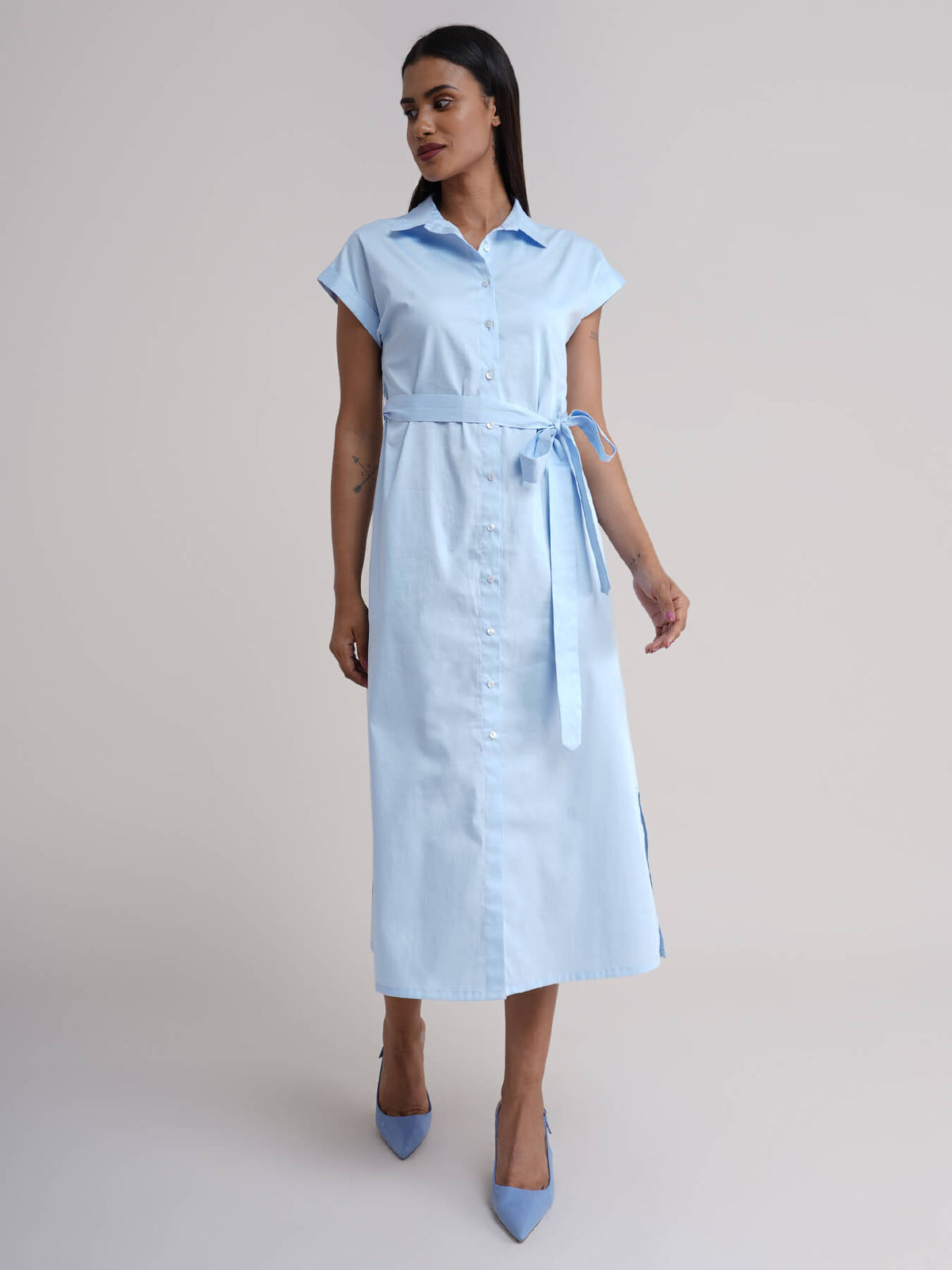 Cotton Shirt Dress - Light Blue