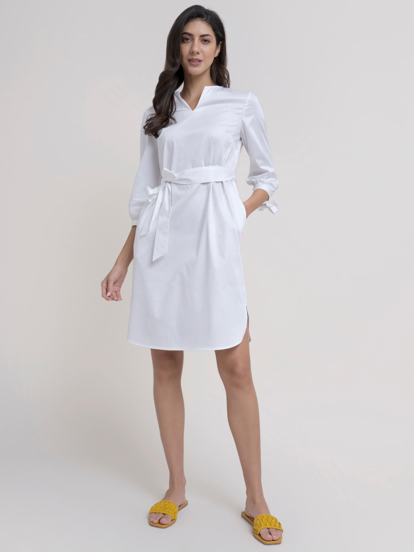Cotton Mandarin Collar Dress - White