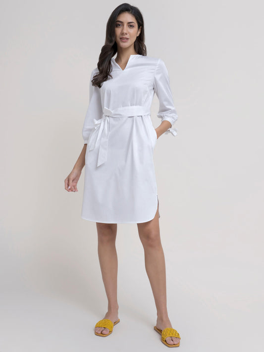 Cotton Mandarin Collar Dress - White