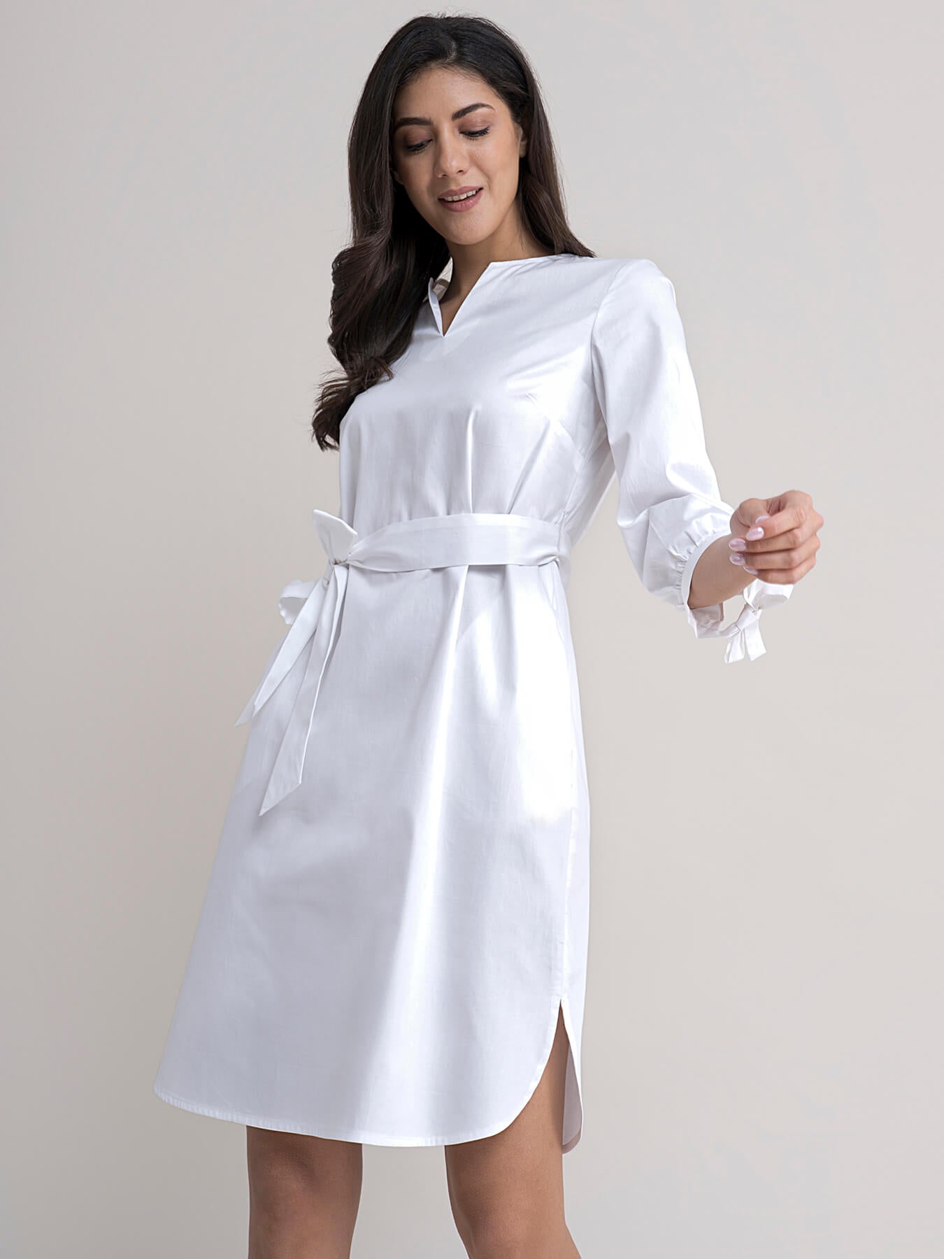 Cotton Mandarin Collar Dress - White