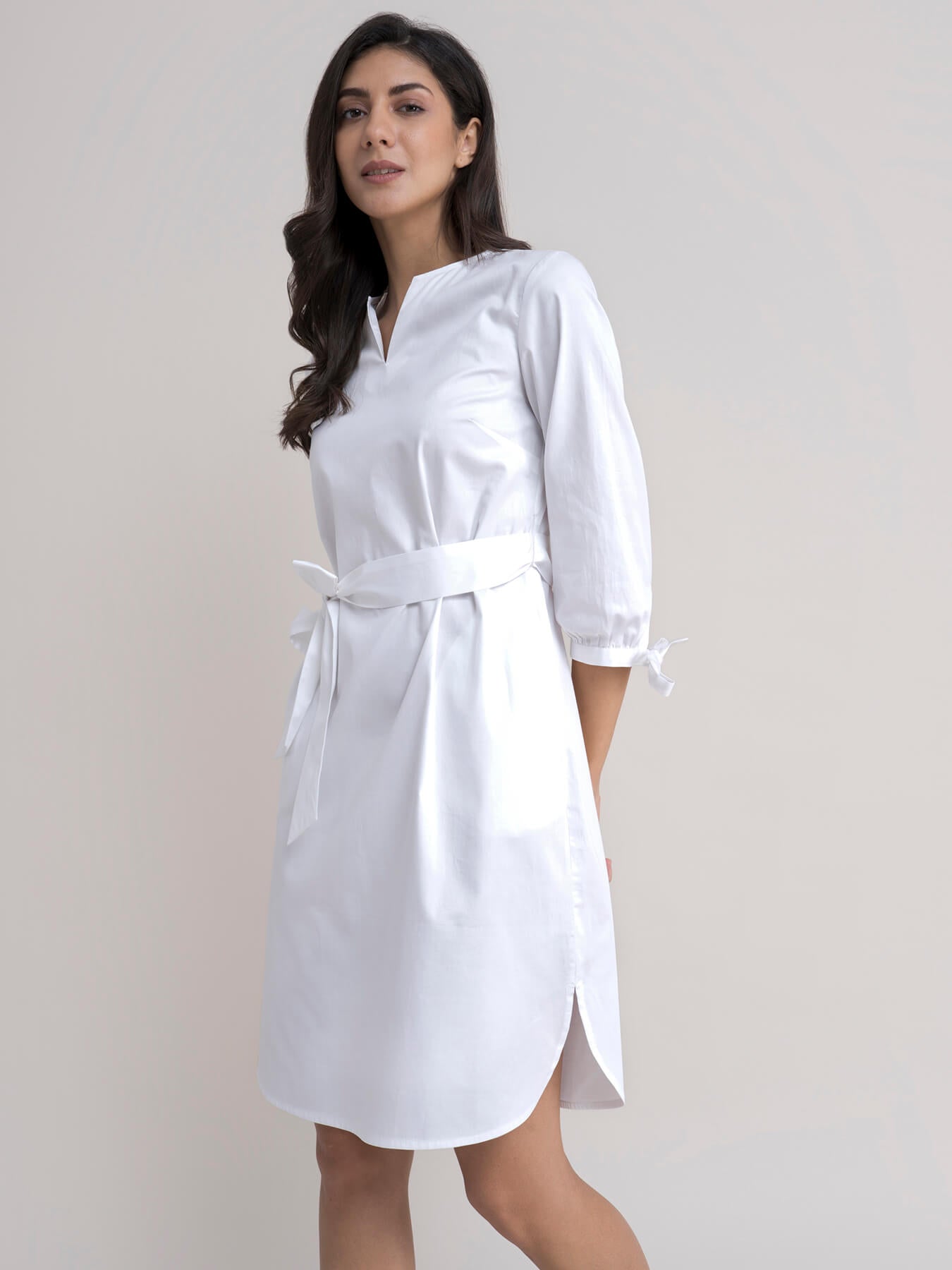Cotton Mandarin Collar Dress - White