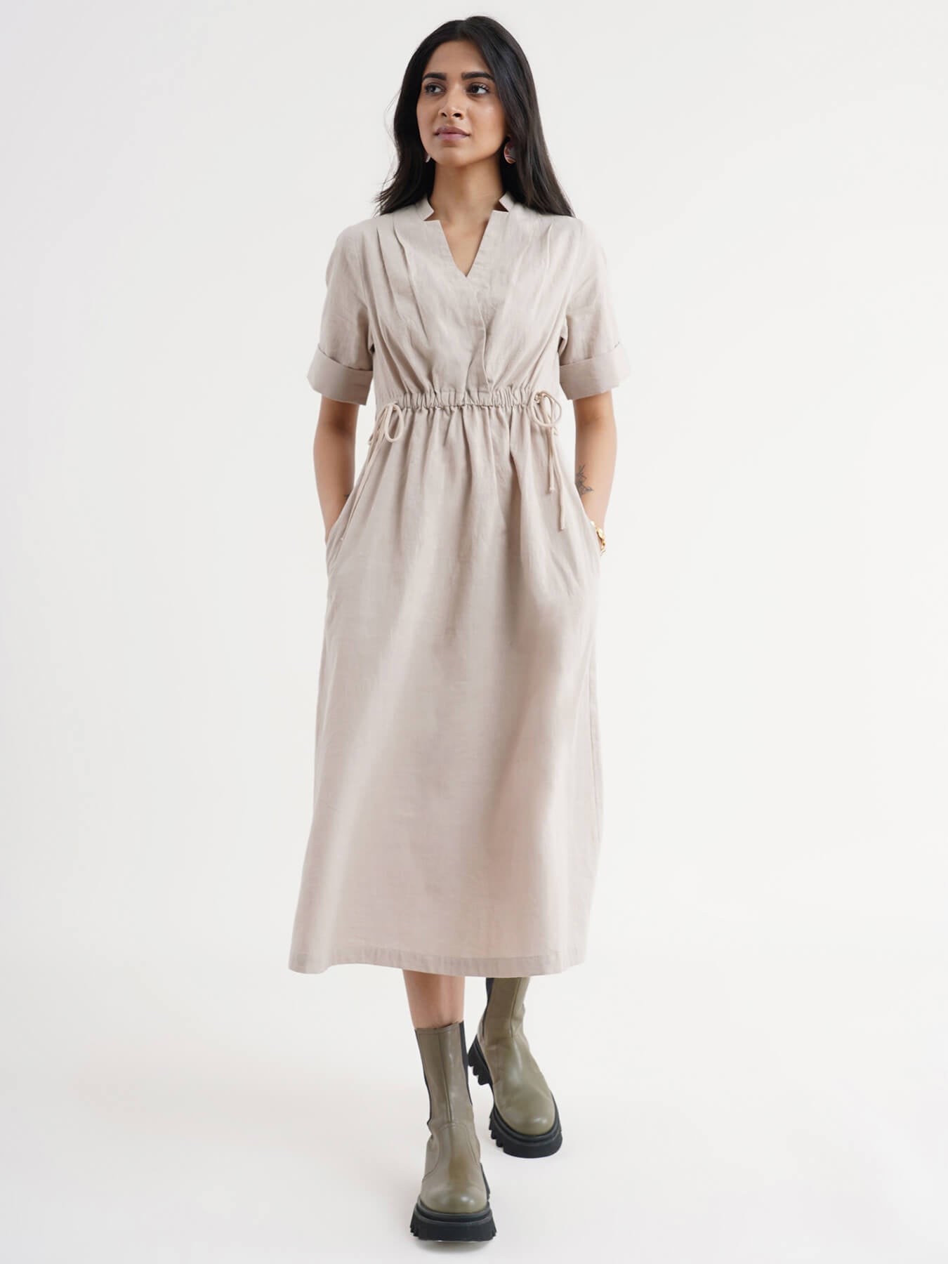 Linen Dress With Elasticated Waist - Beige