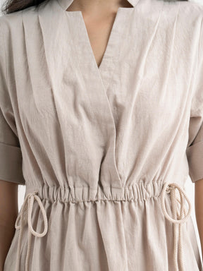 Linen Dress With Elasticated Waist - Beige