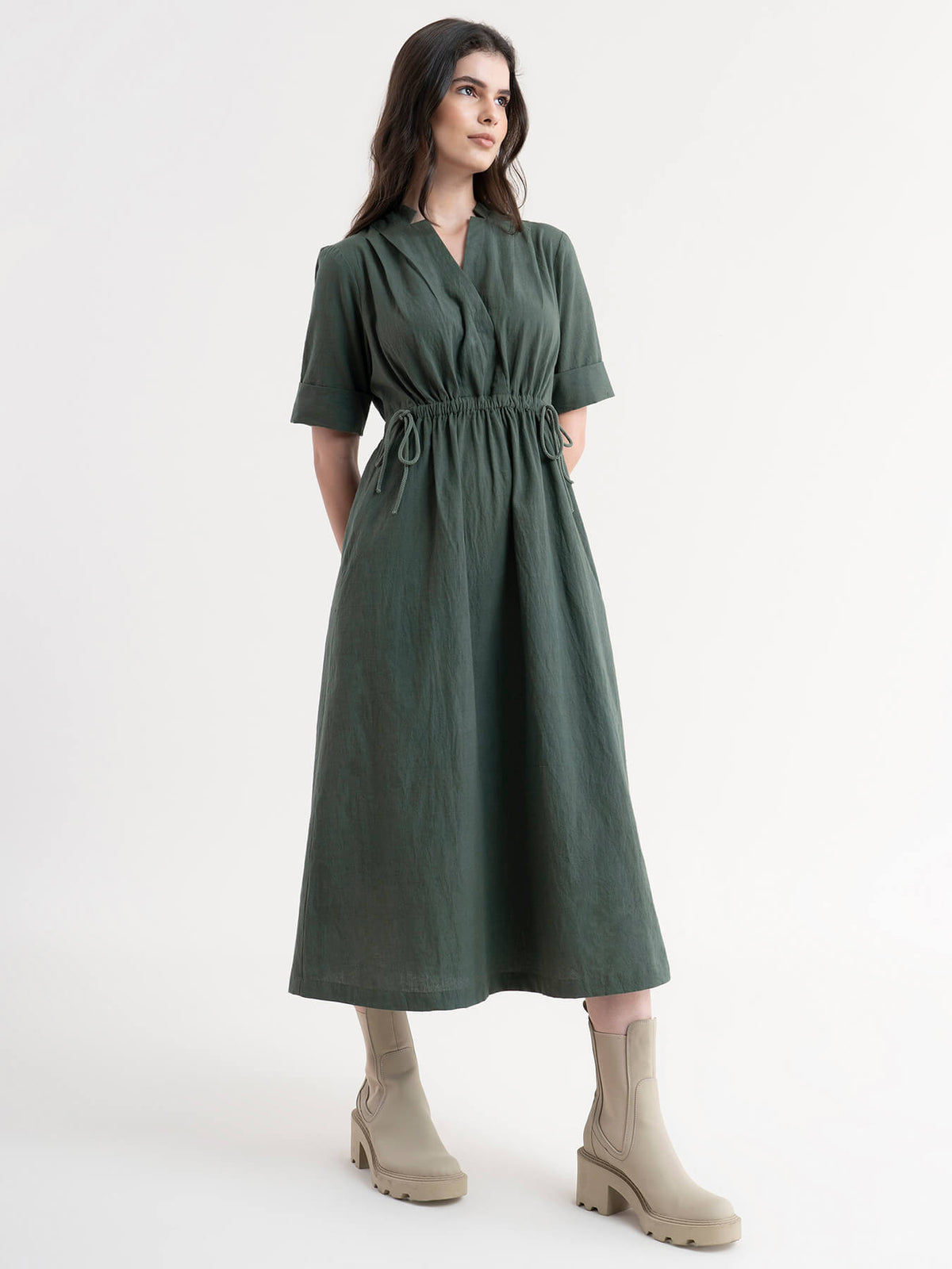 Linen Dress With Elasticated Waist - Olive