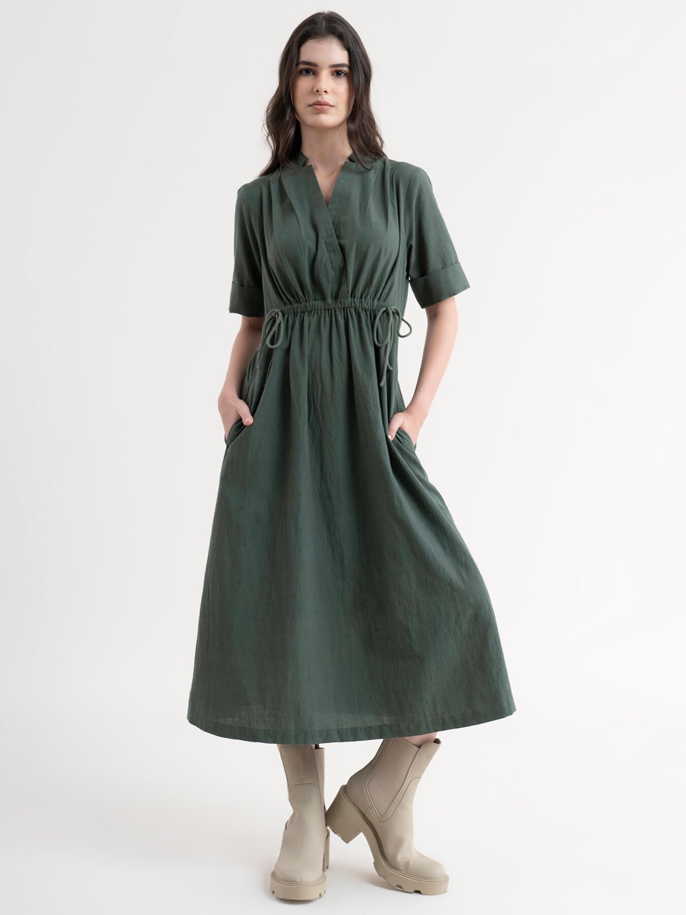 Linen Dress With Elasticated Waist - Olive