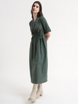 Linen Dress With Elasticated Waist - Olive