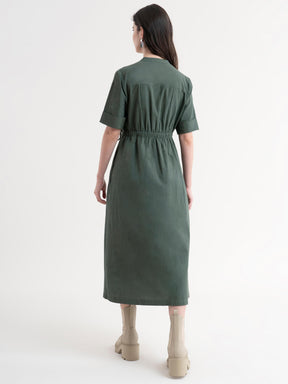 Linen Dress With Elasticated Waist - Olive