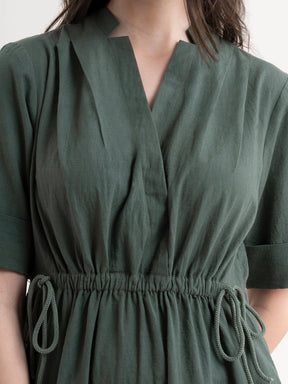 Linen Dress With Elasticated Waist - Olive