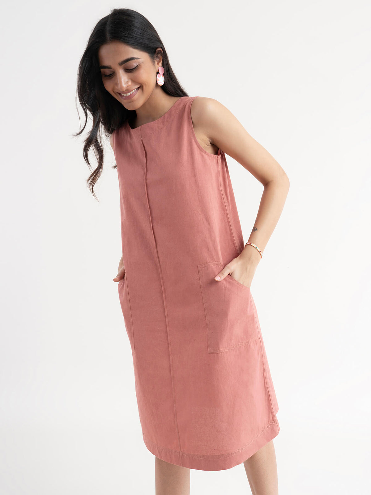 Linen Dress With Pintuck Detail - Dusty Pink