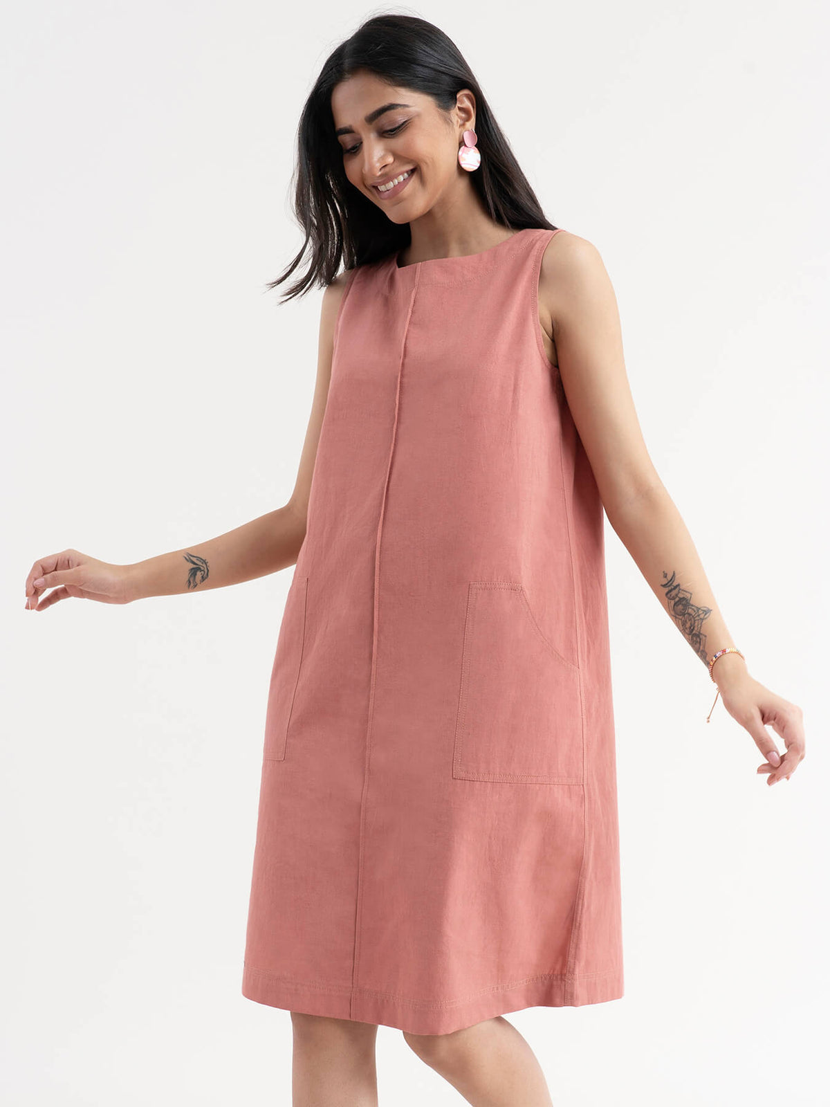 Linen Dress With Pintuck Detail - Dusty Pink