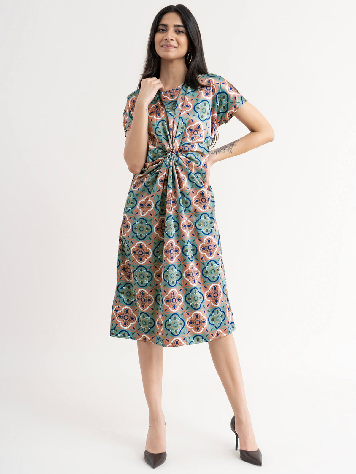 Satin Printed Knot Dress - Multicolour