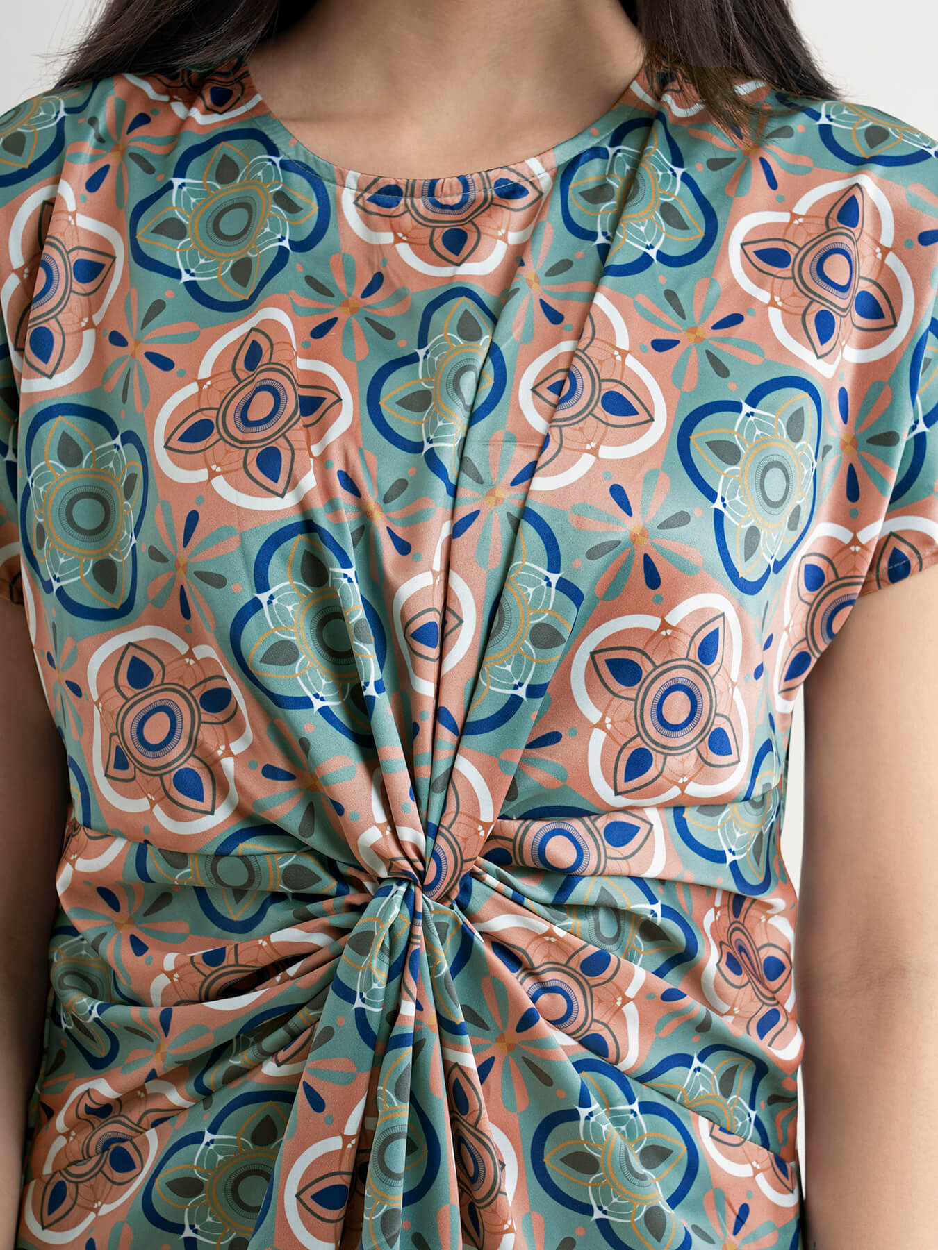 Satin Printed Knot Dress - Multicolour