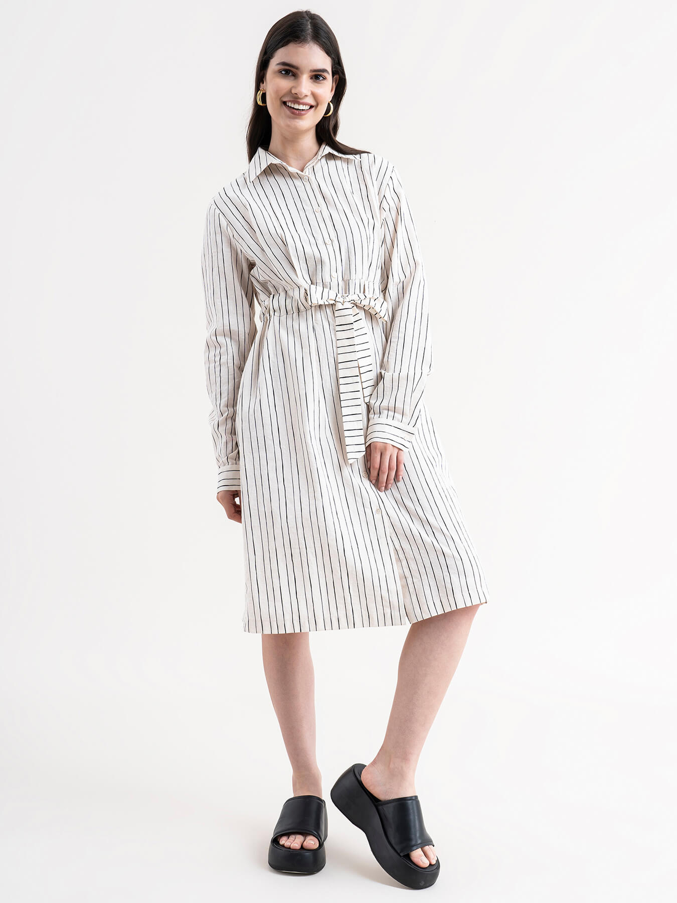 Linen Striped Shirt Dress - White