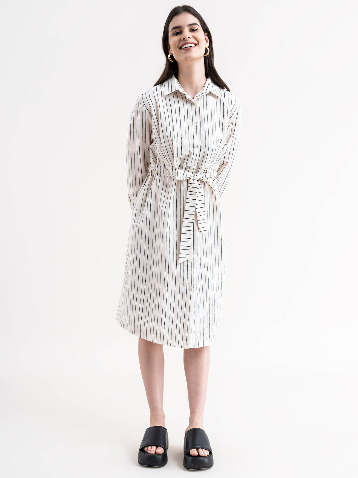 Linen Striped Shirt Dress - White