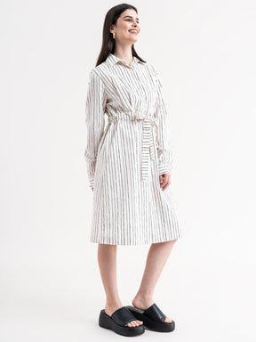 Linen Striped Shirt Dress - White