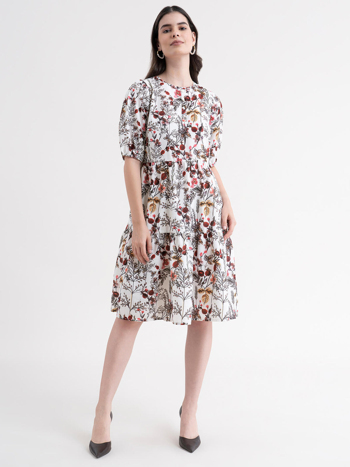Floral Tiered Dress - White And Red