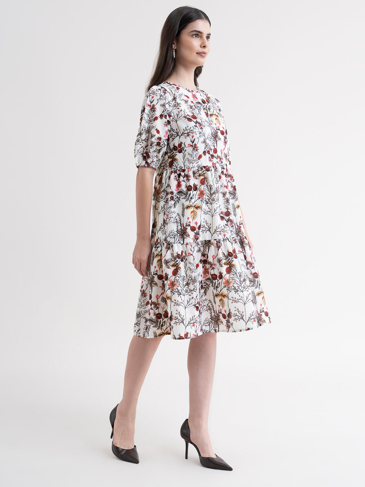 Floral Tiered Dress - White And Red