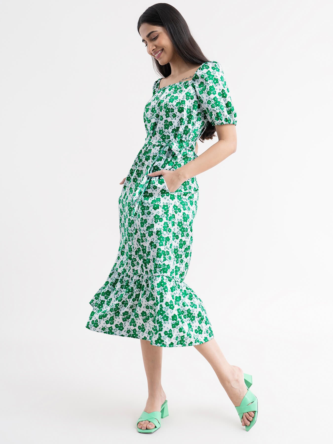 Floral A-Line Dress - Green