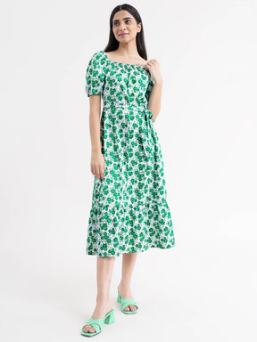 Floral A-Line Dress - Green