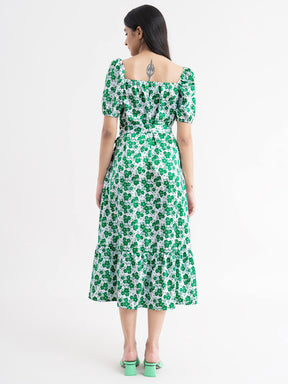 Floral A-Line Dress - Green