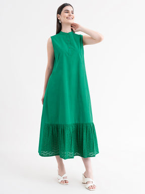 Cotton Dress With Schiffli Detail - Green