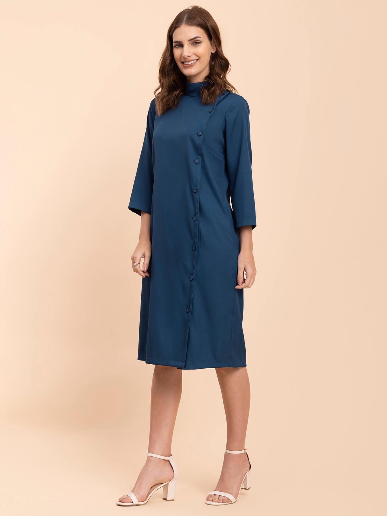 High Neck Button Down Shirt Dress - Teal