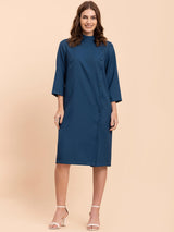 High Neck Button Down Shirt Dress - Teal