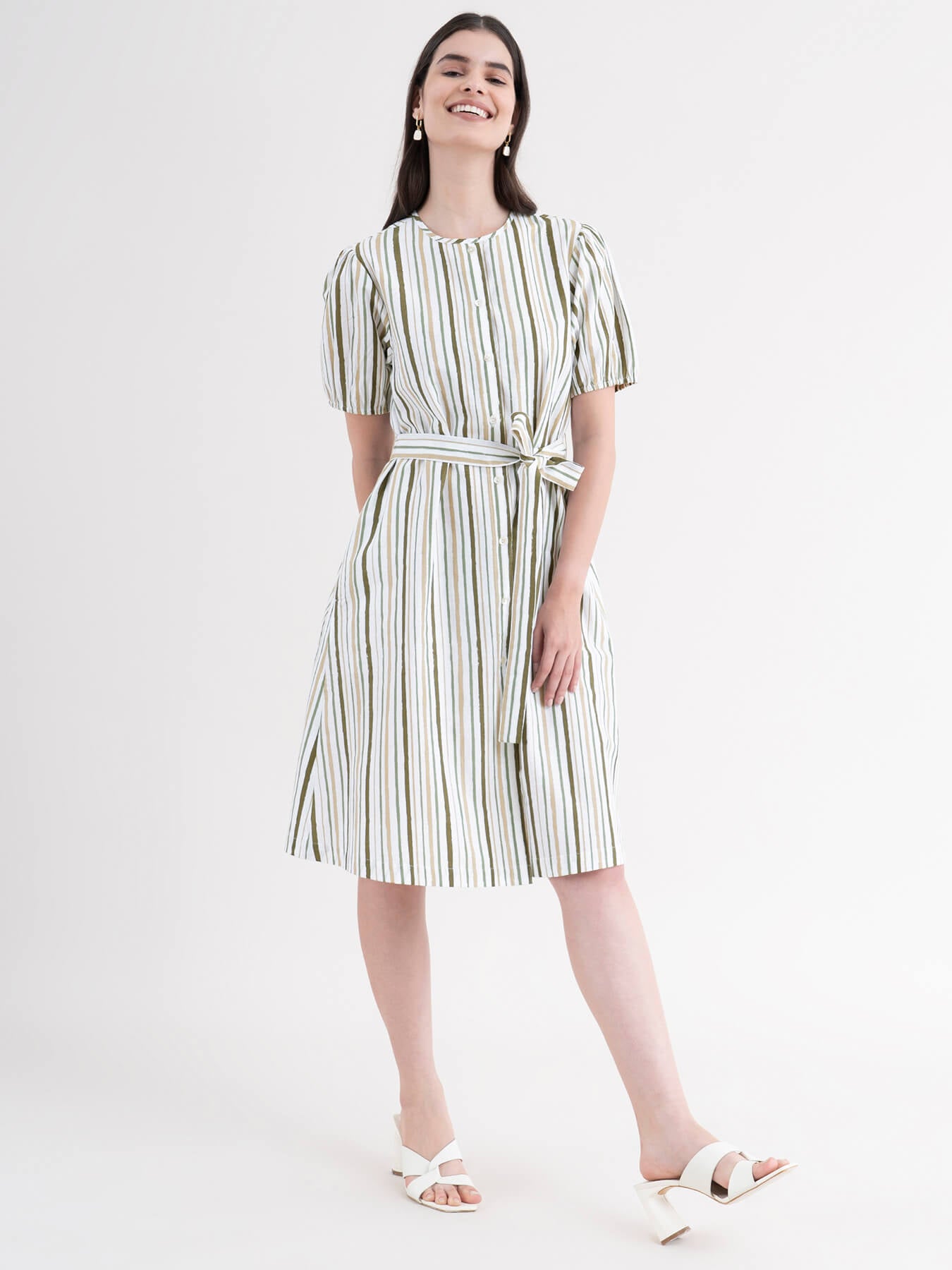 Linen Shirt Dress - White and Olive