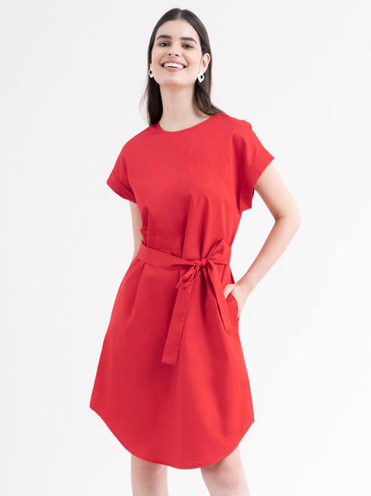 Cotton Drop Shoulder Dress - Red