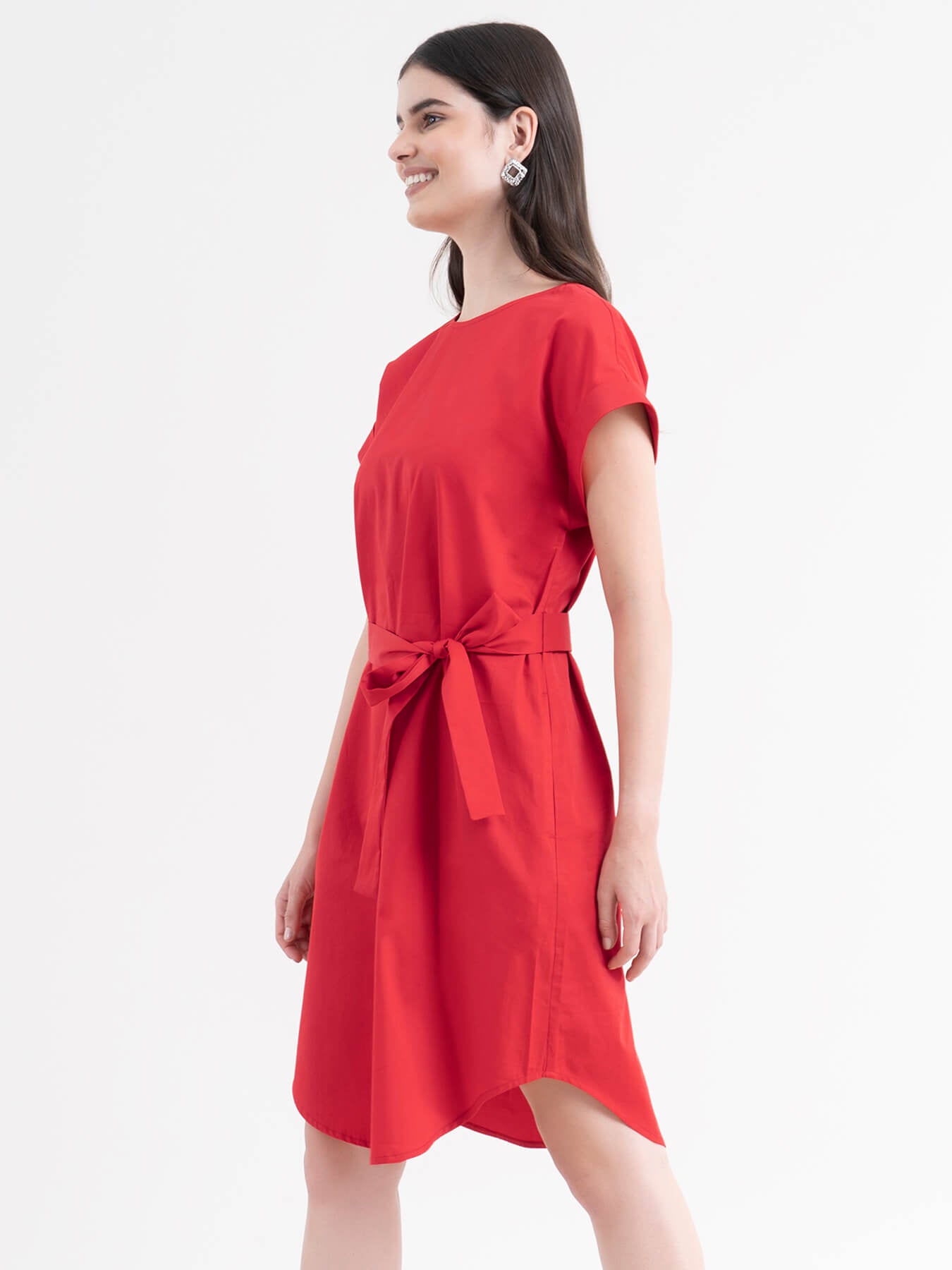 Cotton Drop Shoulder Dress - Red