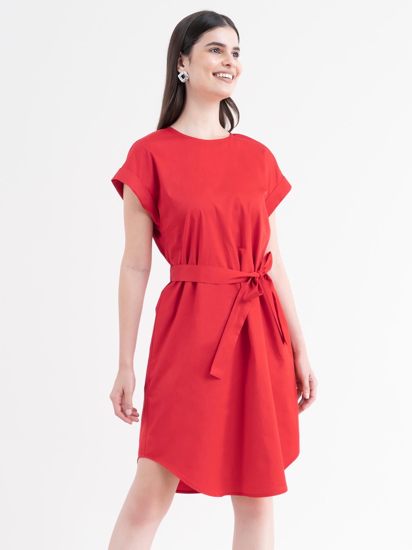 Cotton Drop Shoulder Dress - Red