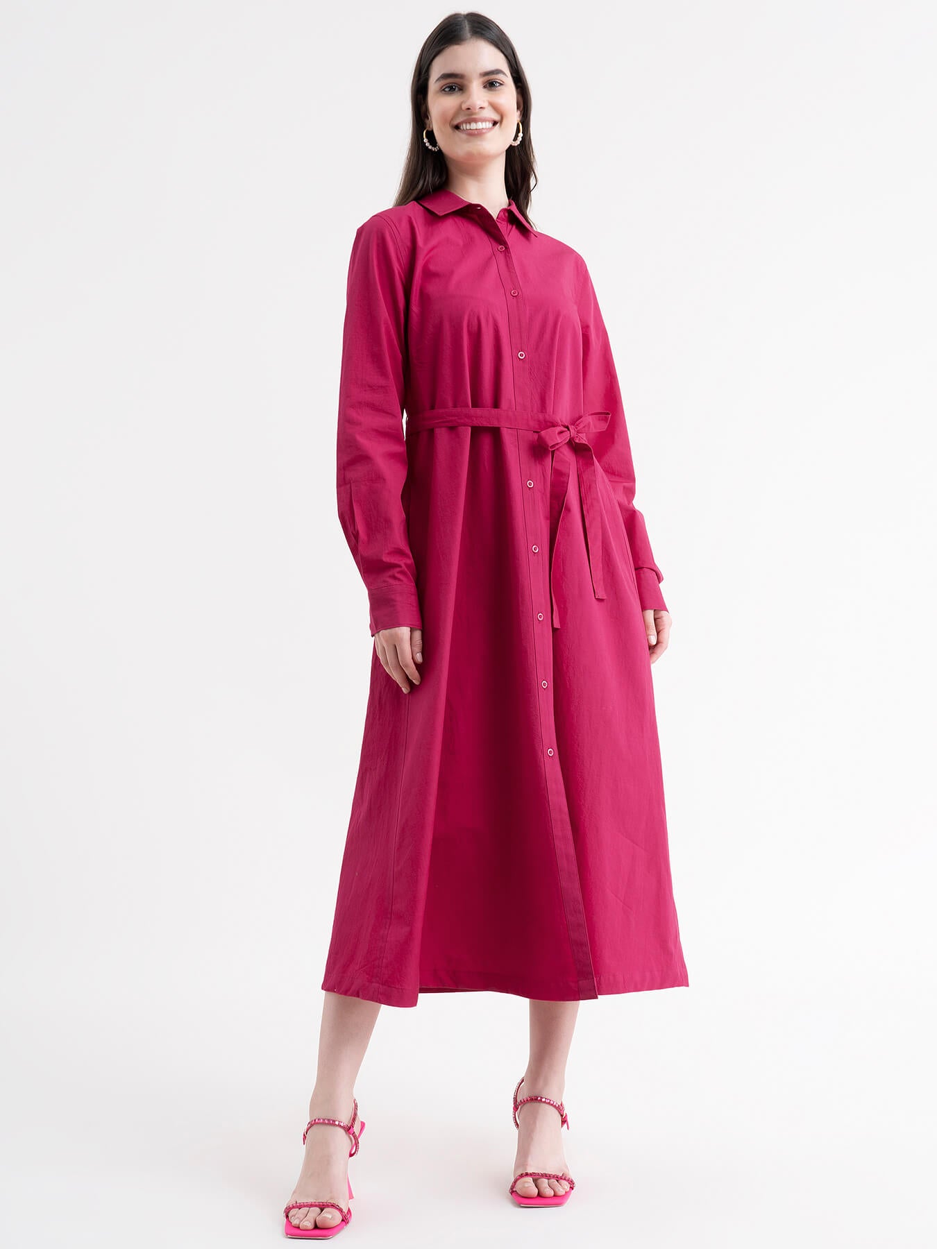 Cotton Shirt Dress - Fuchsia