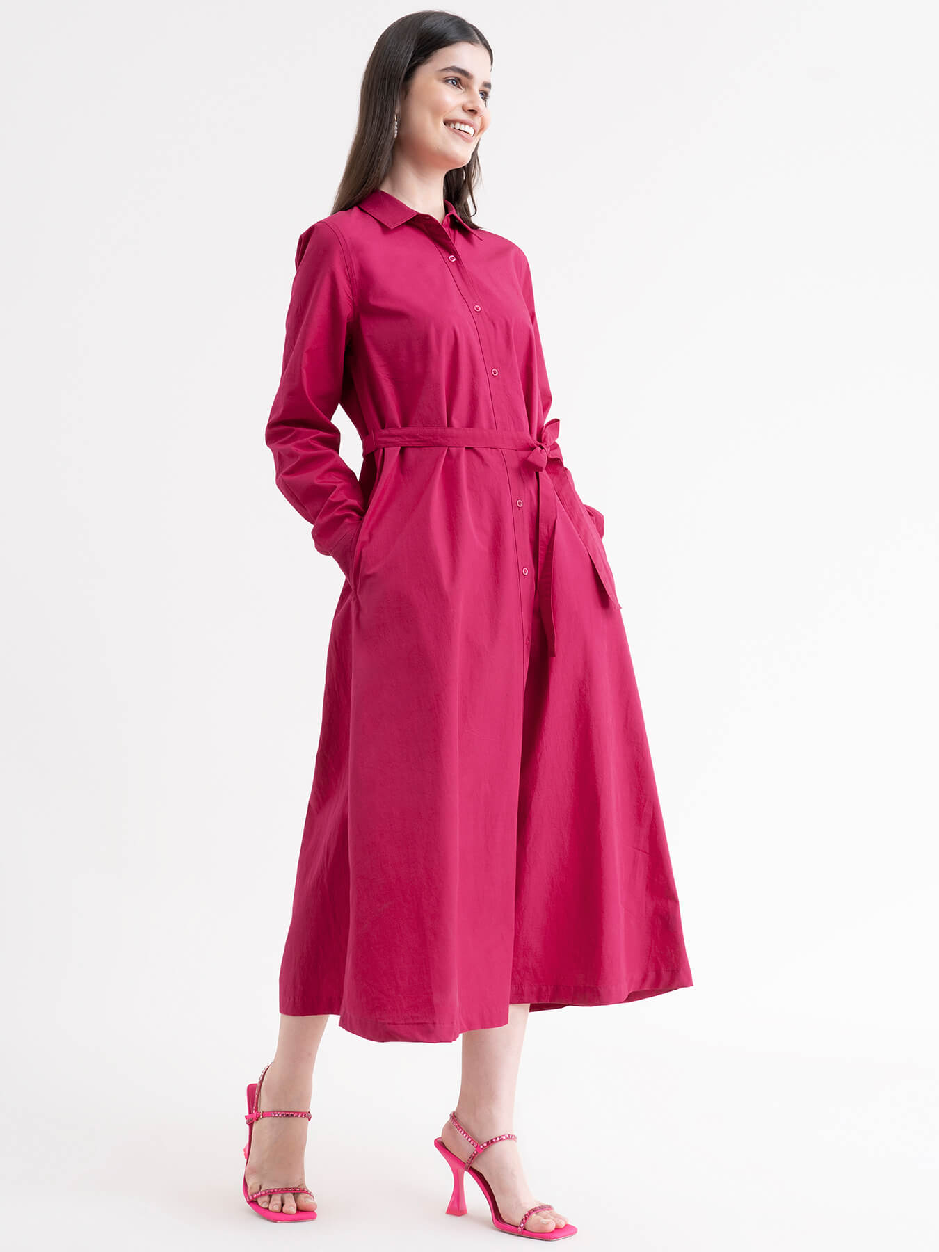 Cotton Shirt Dress - Fuchsia