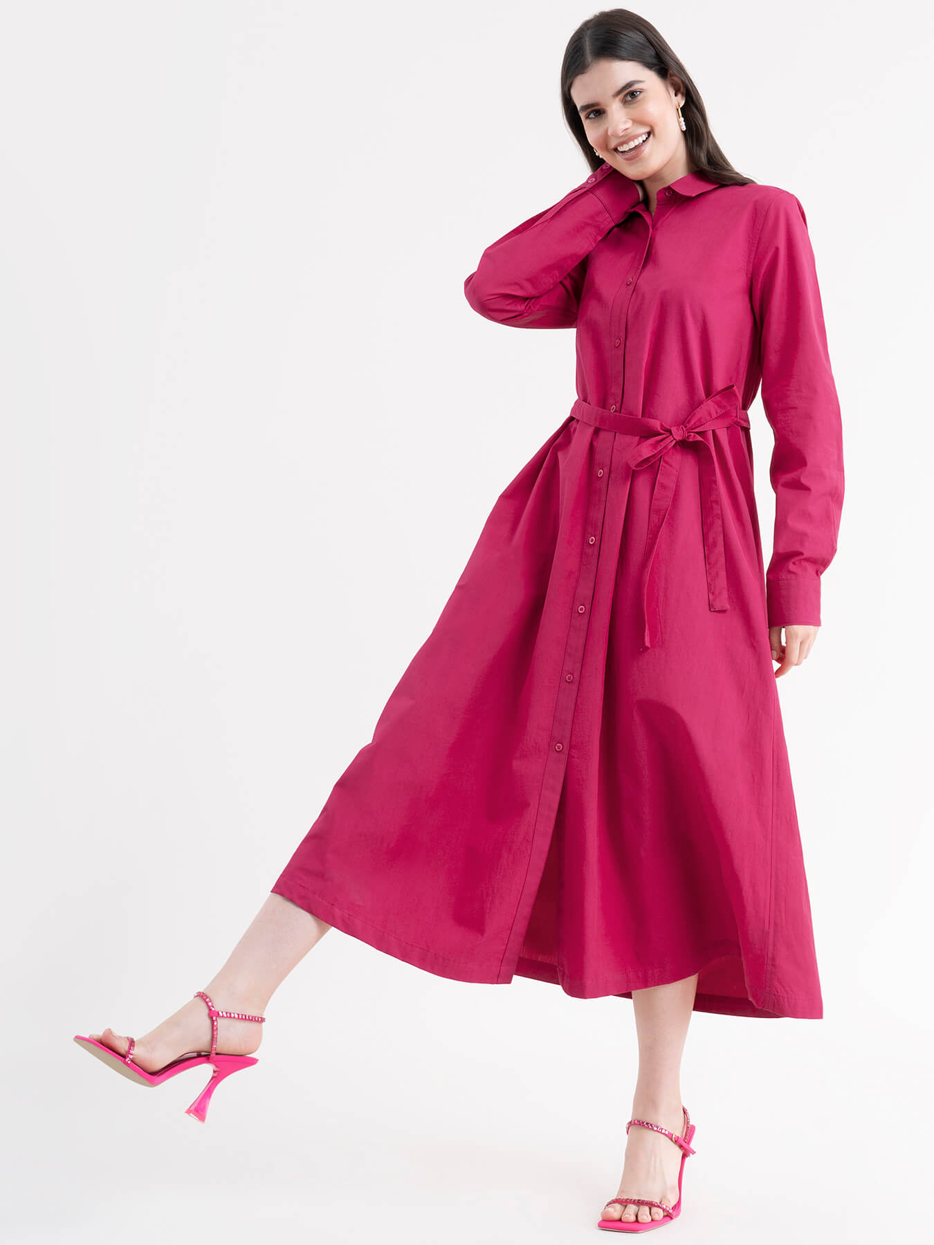 Cotton Shirt Dress - Fuchsia