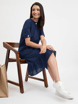 Linen Ruffle Detail Dress - Navy Blue