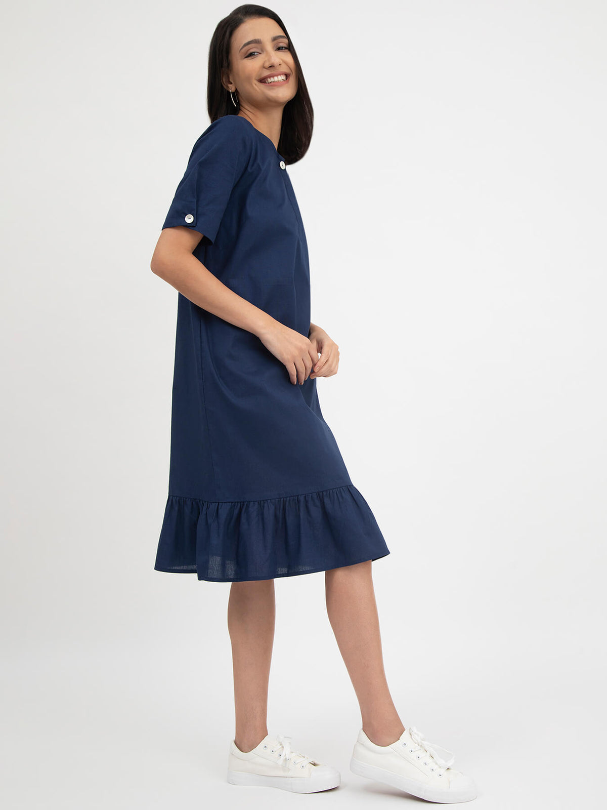 Linen Ruffle Detail Dress - Navy Blue