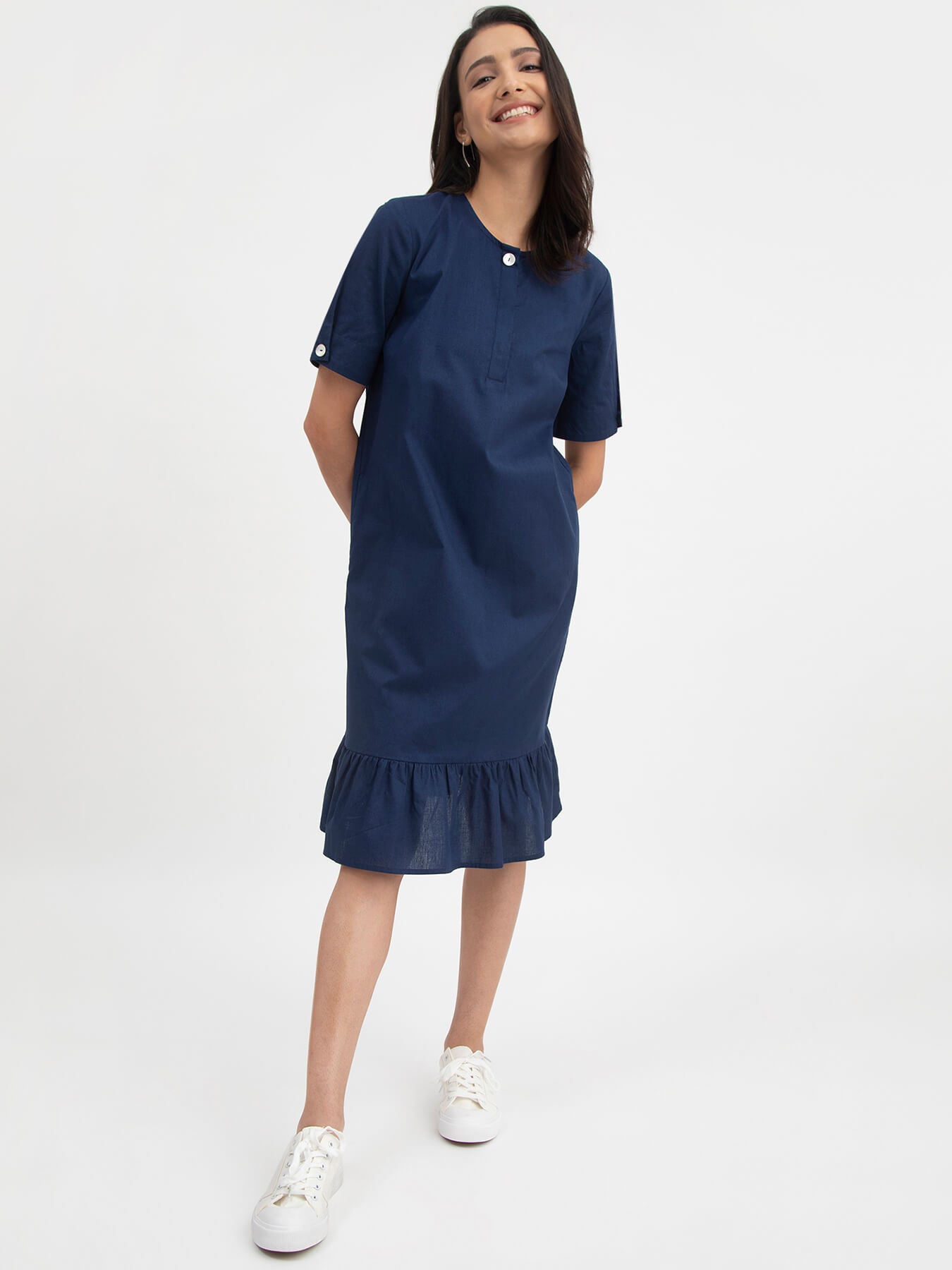 Linen Ruffle Detail Dress - Navy Blue